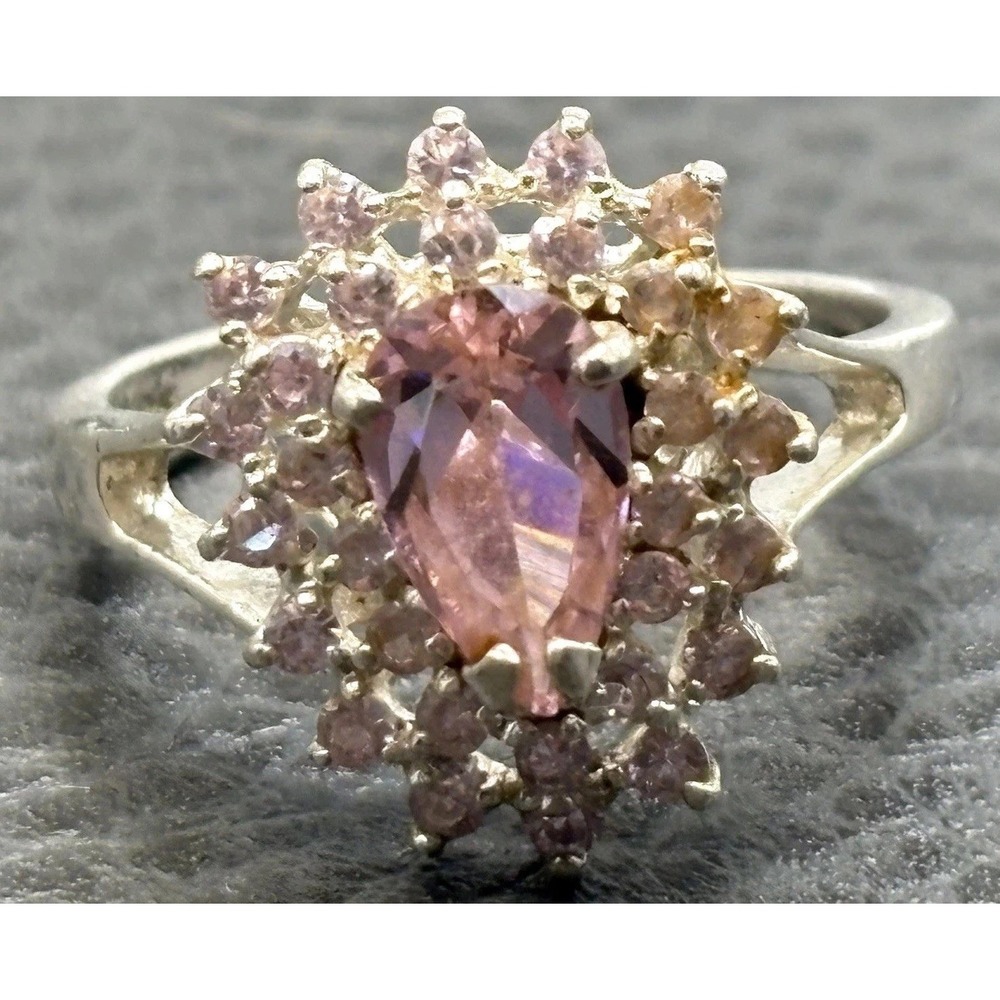 VTG Sterling Silver Pink Cubic Zirconia Cluster Cocktail Statement Ring Size 9